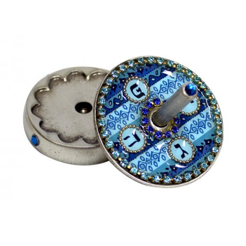 Round Hand Made Dreidel With Stones- Blue
