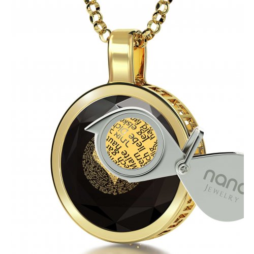 Round I Love You Onyx Pendant in 120 Languages - Gold Plate