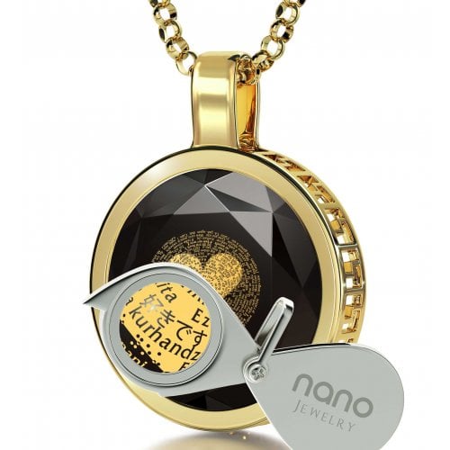 Round I Love You Onyx Pendant in 120 Languages - Gold Plate