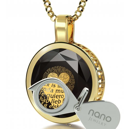 Round Onyx I Love You Pendant In Gold Frame - In 120 Languages