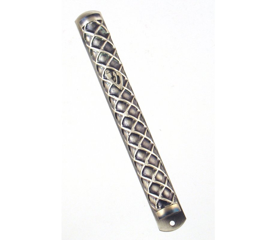 Round Pewter Mezuzah Case with Criss-Cross Design