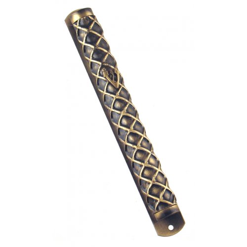 Round Pewter Mezuzah Case with gold criss-cross Design