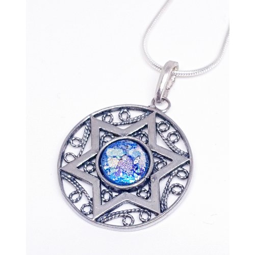 Round Roman Glass Filigree 925 Sterling Silver Necklace with Star of David
