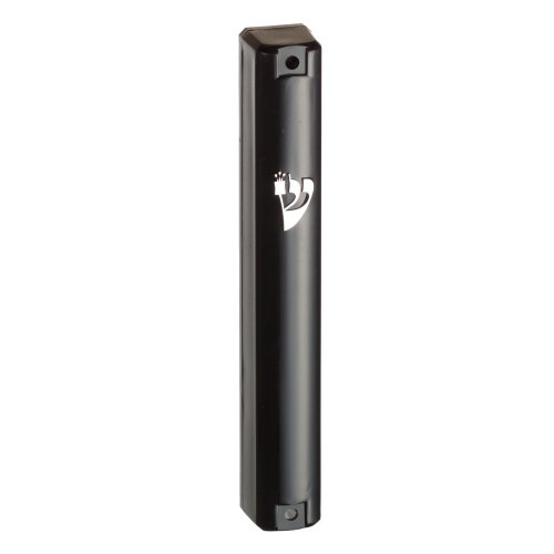 Rounded Black Plastic Mezuzah Case, Silver Artistic Shin