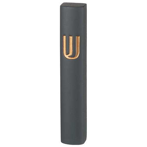 Rounded Dark Gray Polyresin Mezuzah Case  Gold Shin