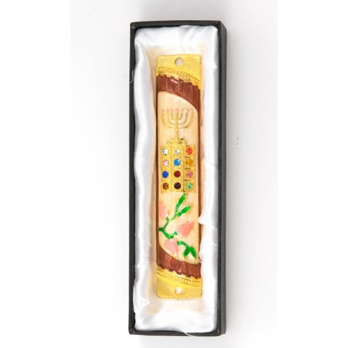 Rounded Mezuzah Case with Breastplate and Menorah Design - Off White & Burgundy