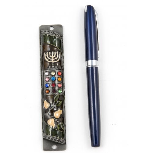 Rounded Mezuzah Case with Colorful Hoshen Breastplate and Menorah - Brown