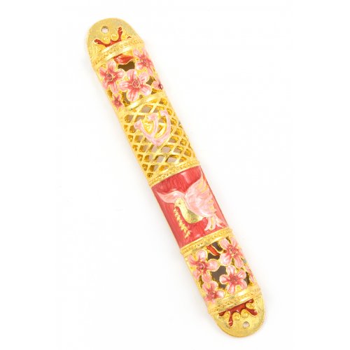 Rounded Mezuzah Case with Dove of Peace and Flowers - Pink, Red and Gold