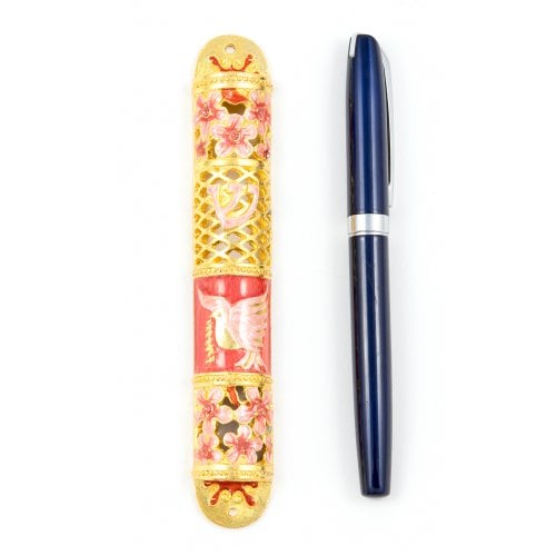 Rounded Mezuzah Case with Dove of Peace and Flowers - Pink, Red and Gold