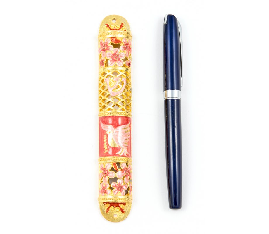 Rounded Mezuzah Case with Dove of Peace and Flowers - Pink, Red and Gold