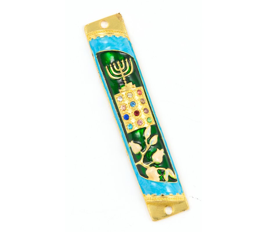 Rounded Mezuzah Case with Gleaming Breastplate and Menorah - Teal and Gold