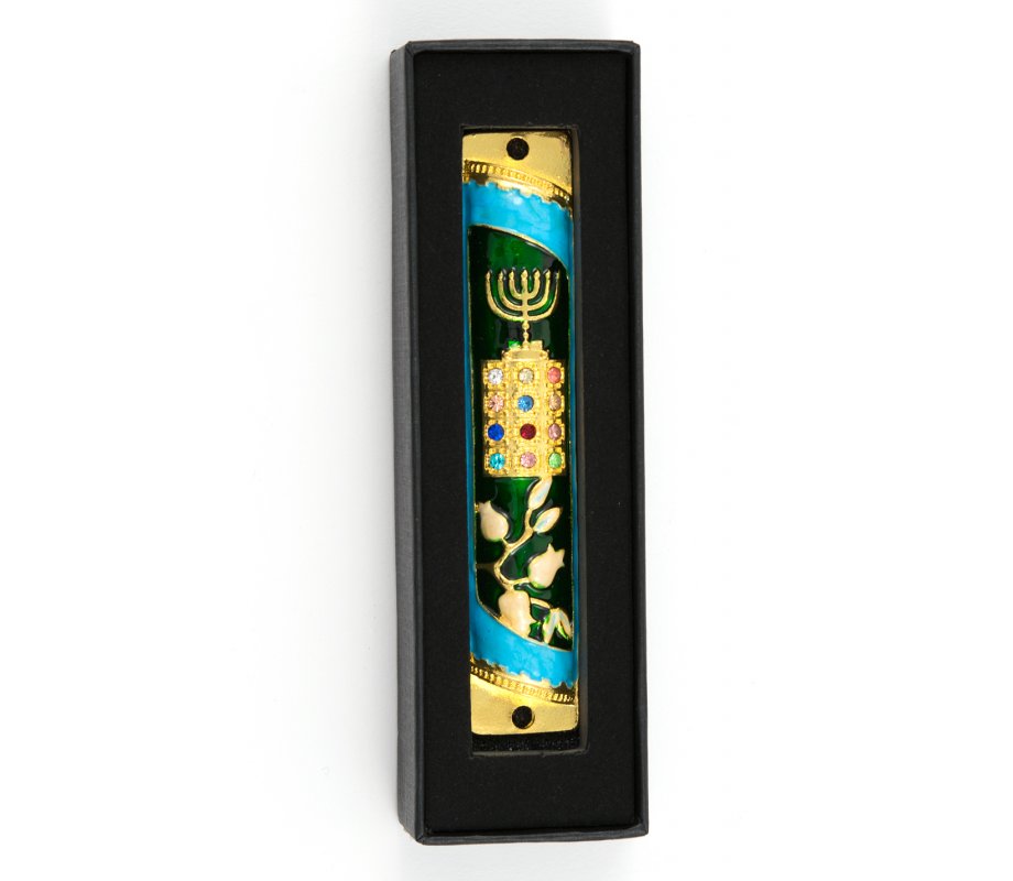 Rounded Mezuzah Case with Gleaming Breastplate and Menorah - Teal and Gold