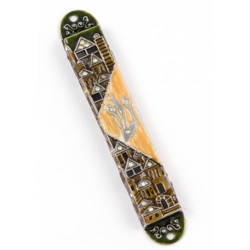 Rounded Mezuzah Case with Gleaming Jerusalem Images - Brown