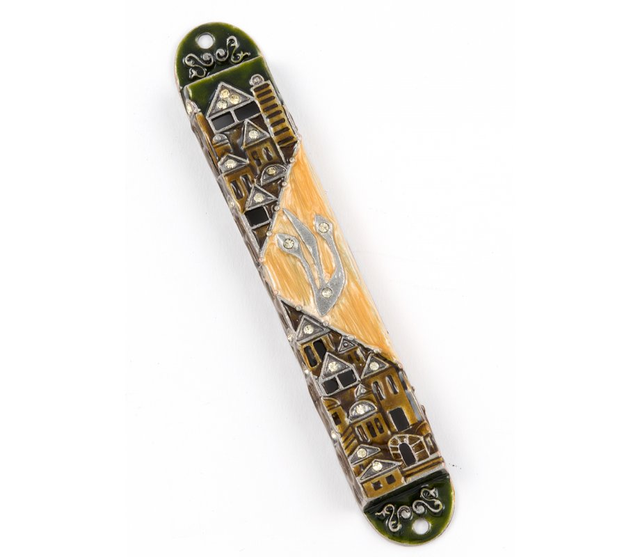 Rounded Mezuzah Case with Gleaming Jerusalem Images - Brown