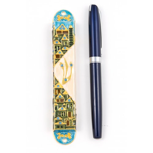 Rounded Mezuzah Case with Gleaming Jerusalem Images - Green, Blue and Cream