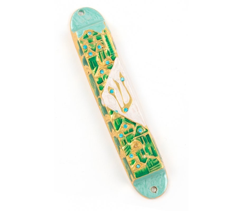 Rounded Mezuzah Case with Gleaming Jerusalem Images - Green, Gold and Off White
