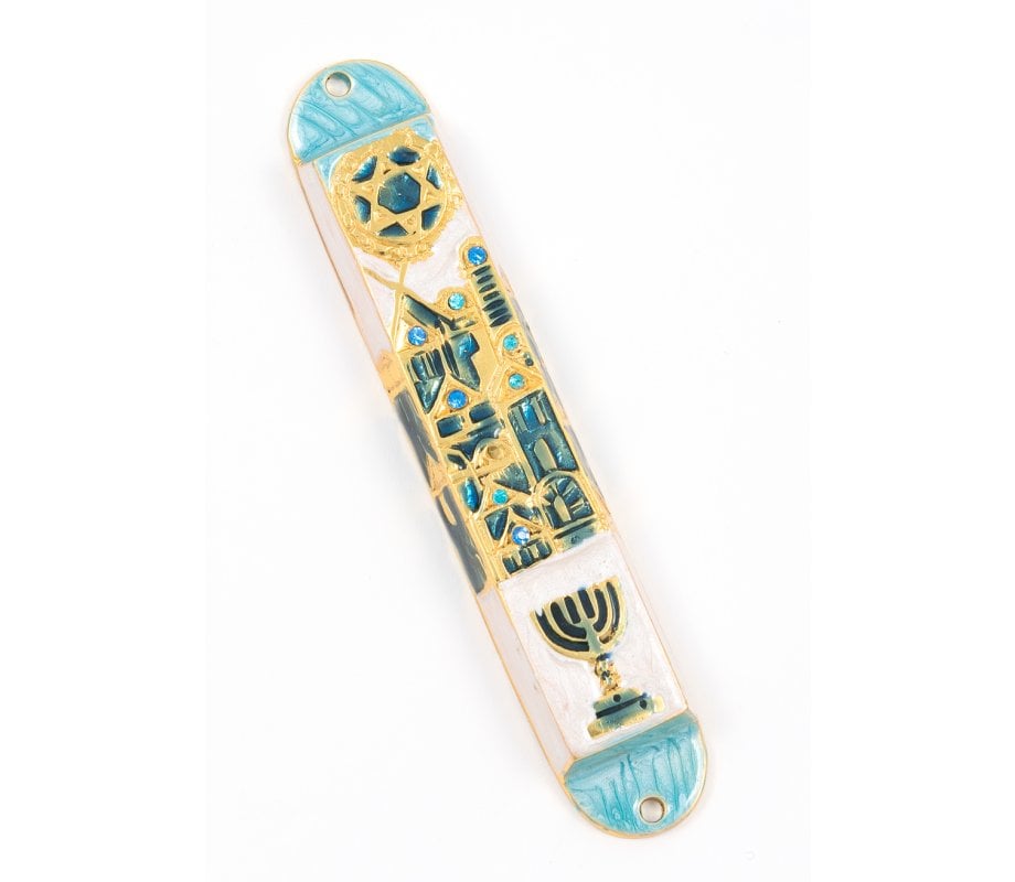 Rounded Mezuzah Case with Gleaming Judaic Symbols - Gold, Green and Off White