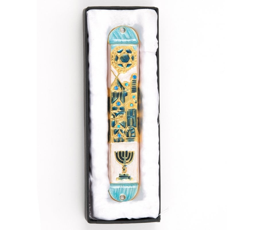 Rounded Mezuzah Case with Gleaming Judaic Symbols - Gold, Green and Off White