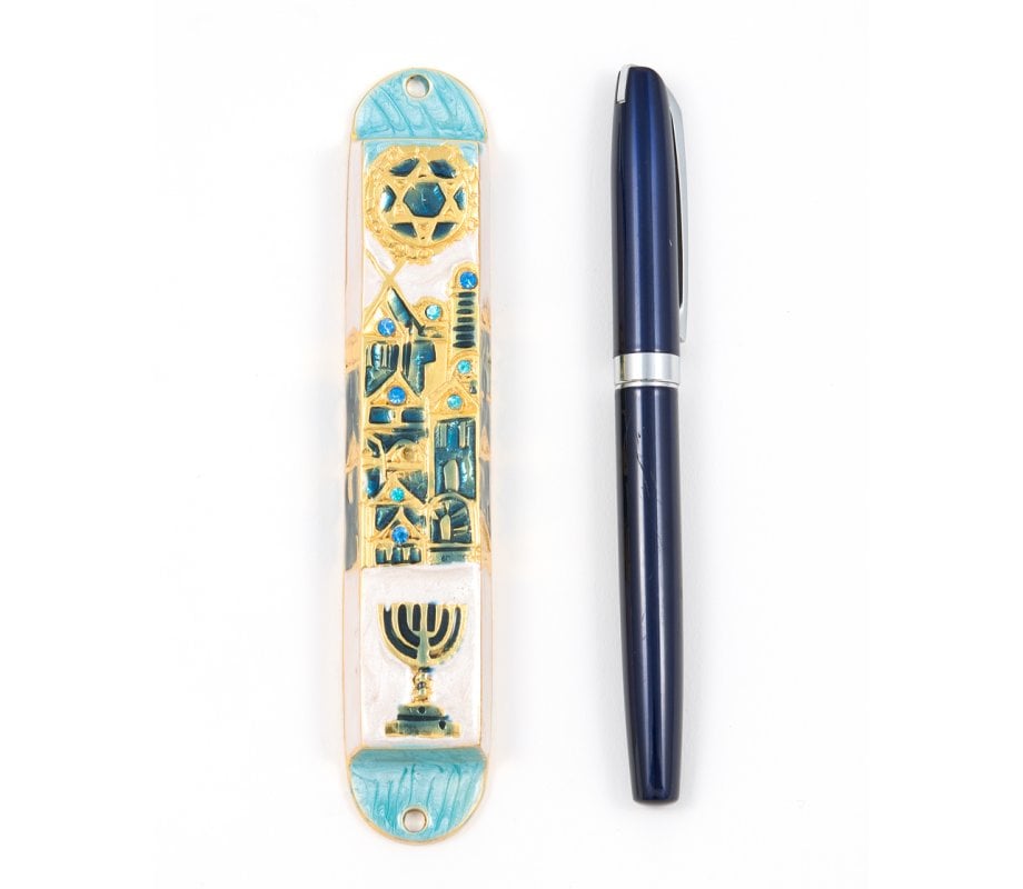 Rounded Mezuzah Case with Gleaming Judaic Symbols - Gold, Green and Off White