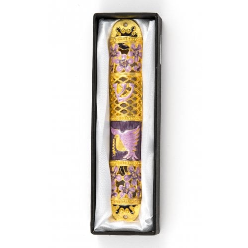 Rounded Mezuzah Case with Gleaming Peace Dove and Flowers - Gold and Purple