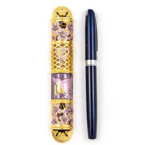 Rounded Mezuzah Case with Gleaming Peace Dove and Flowers - Gold and Purple