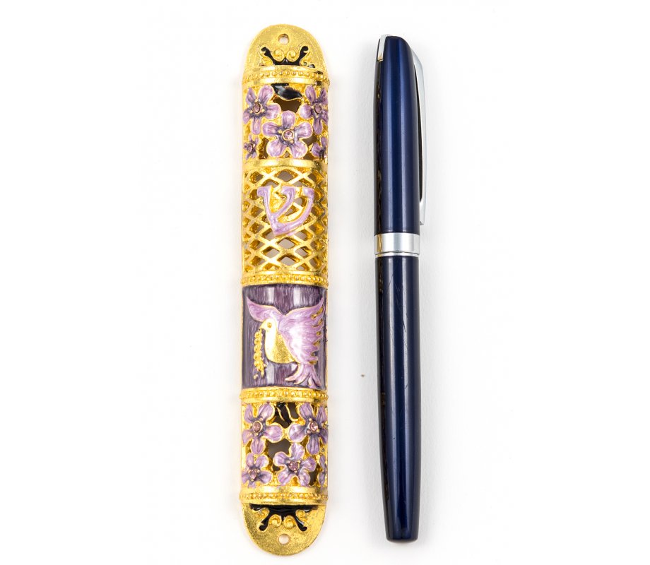 Rounded Mezuzah Case with Gleaming Peace Dove and Flowers - Gold and Purple
