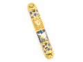 Rounded Mezuzah Case with Gleaming Peace Dove and Flowers - Gold and Turquoise