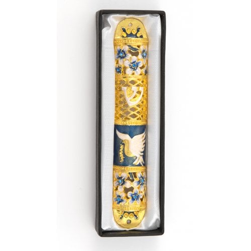 Rounded Mezuzah Case with Gleaming Peace Dove and Flowers - Gold and Turquoise