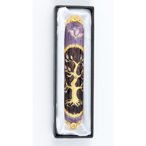 Rounded Mezuzah Case with Gleaming Tree of Life - Purple and Gold