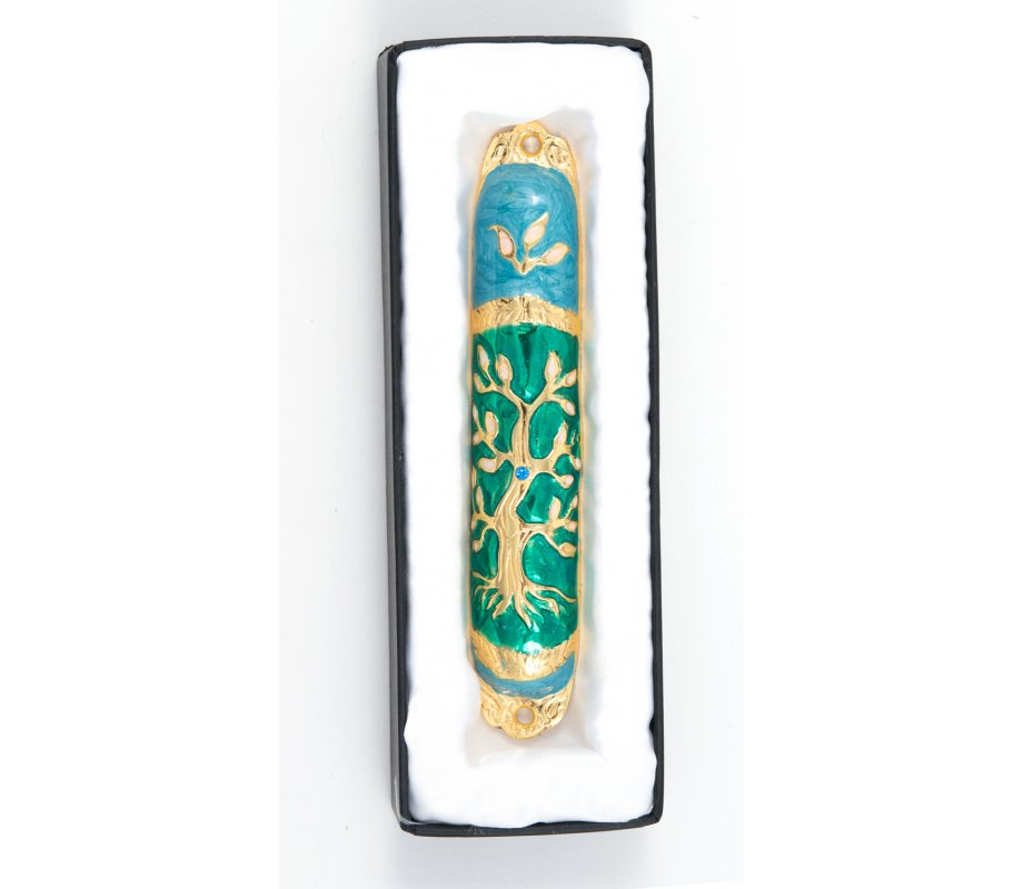 Rounded Mezuzah Case with Gleaming Tree of Life, Gold and Green - 5.3 Inches
