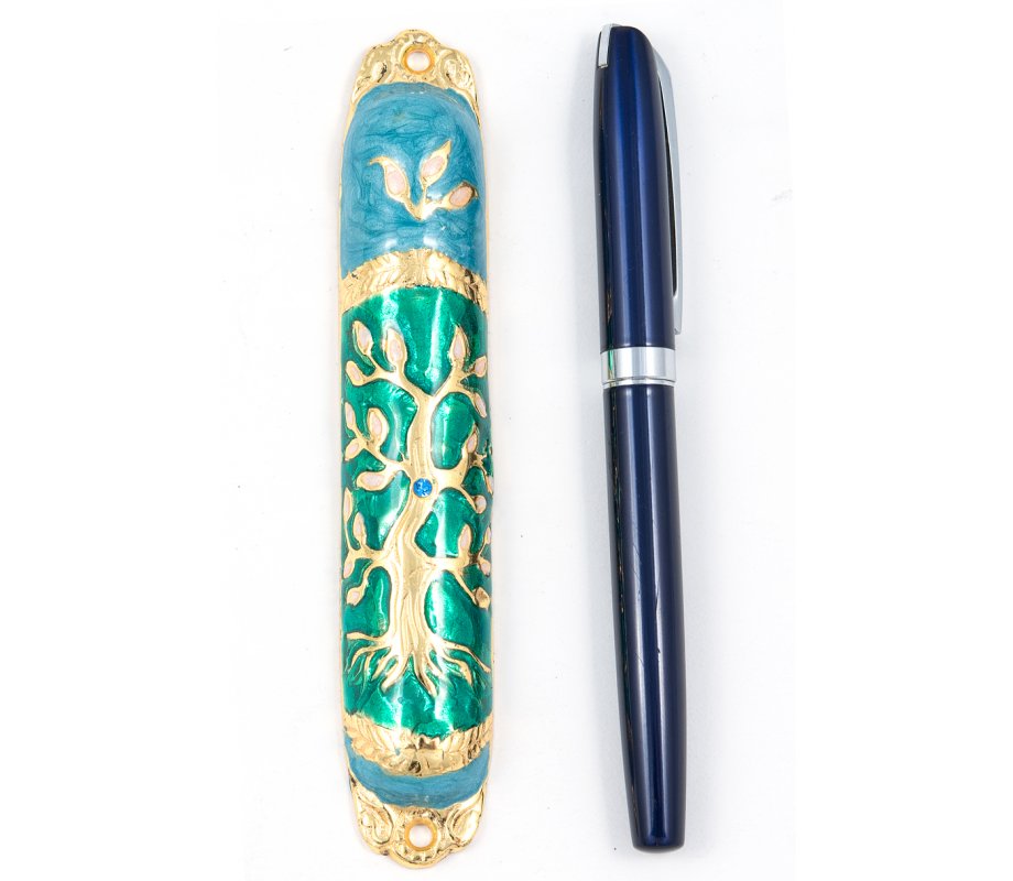 Rounded Mezuzah Case with Gleaming Tree of Life, Gold and Green - 5.3 Inches