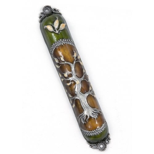 Rounded Mezuzah Case with Gleaming Tree of Life, Gold and Green - 5.5 Inches