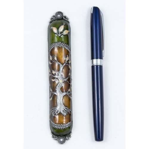 Rounded Mezuzah Case with Gleaming Tree of Life, Gold and Green - 5.5 Inches