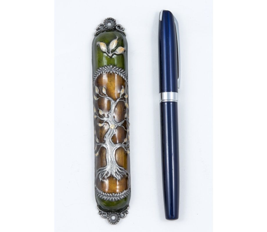Rounded Mezuzah Case with Gleaming Tree of Life, Gold and Green - 5.5 Inches