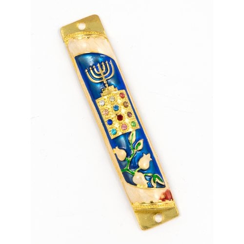 Rounded Mezuzah Case with Hoshen Breastplate and Menorah Design - Blue