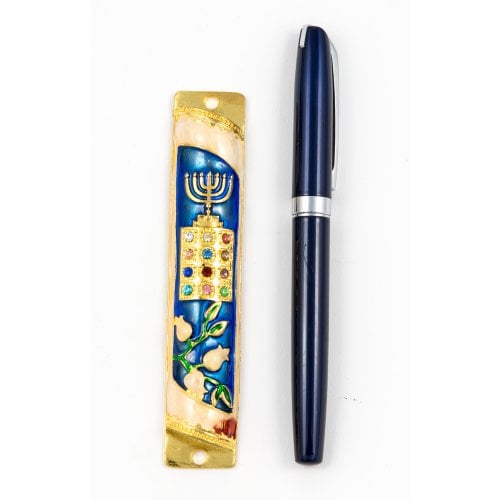 Rounded Mezuzah Case with Hoshen Breastplate and Menorah Design - Blue