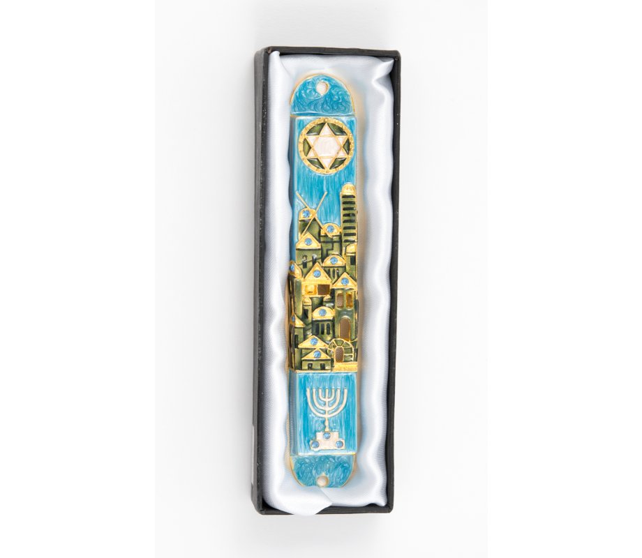 Rounded Mezuzah Case with Jerusalem Images, Menorah & Star of David - Blue Green