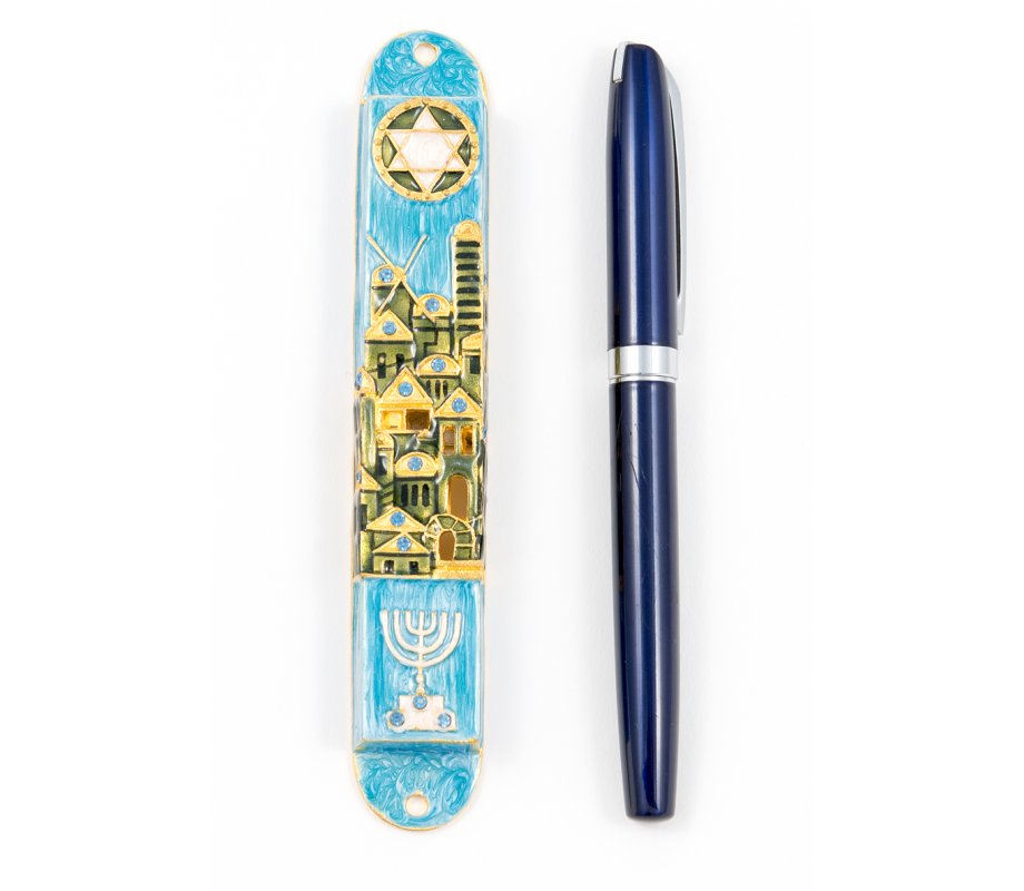 Rounded Mezuzah Case with Jerusalem Images, Menorah & Star of David - Blue Green