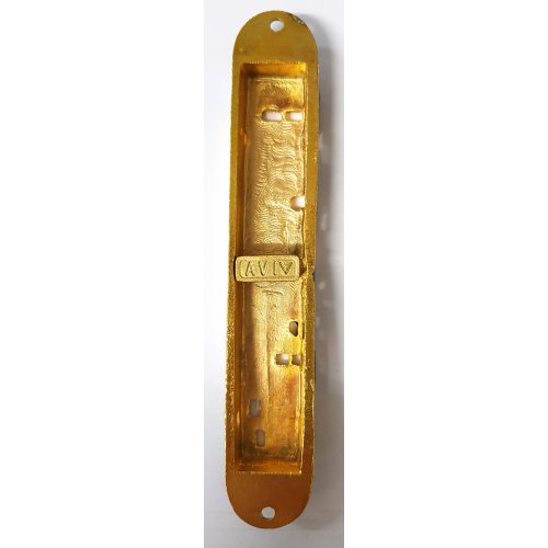 Rounded Mezuzah Case with Jerusalem, Menorah and Star of David - Gold and Red