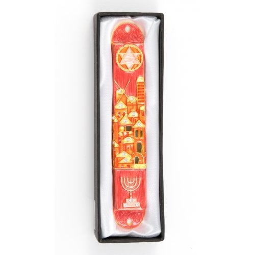 Rounded Mezuzah Case with Jerusalem, Menorah and Star of David - Gold and Red