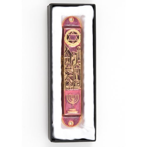 Rounded Mezuzah Case with Jerusalem, Menorah and Star of David - Purple