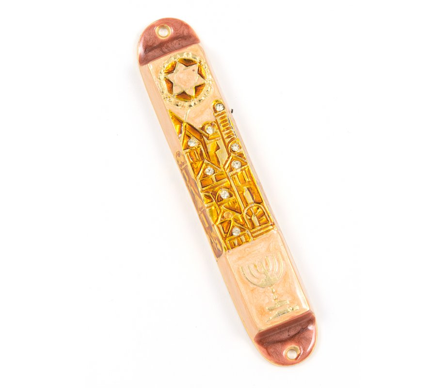 Rounded Mezuzah Case with Star of David, Jerusalem and Menorah - Gold Bronze