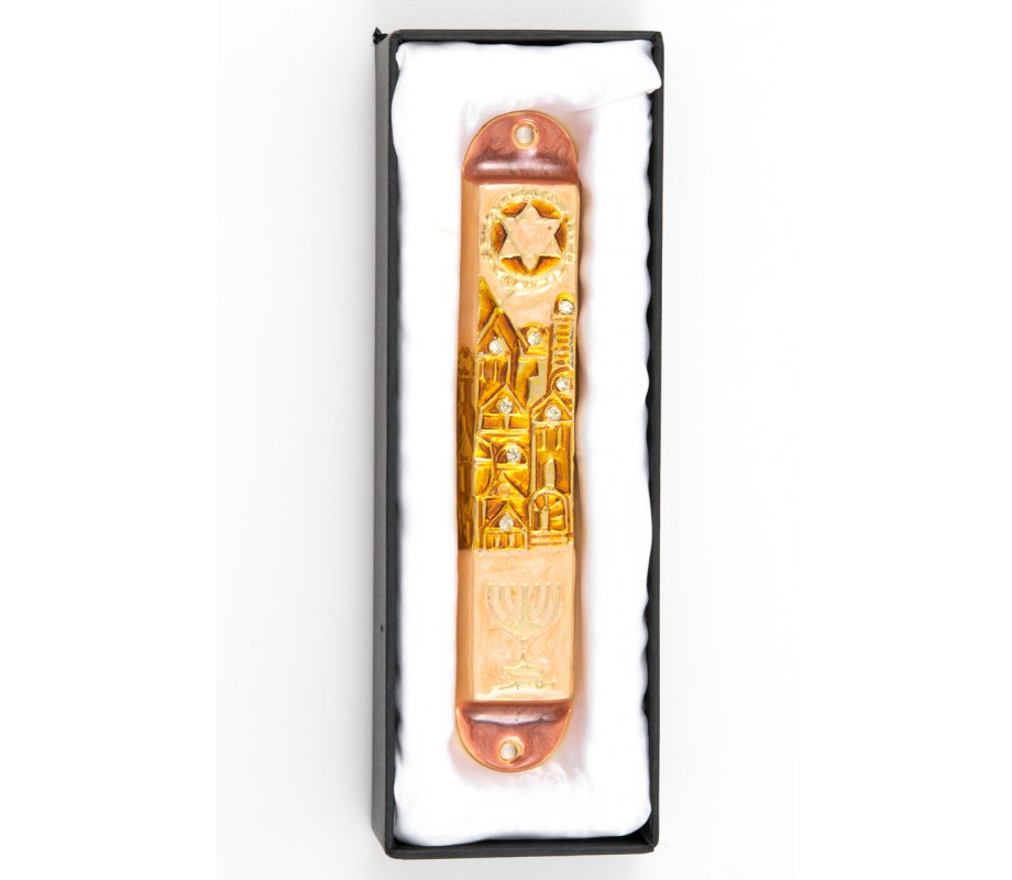 Rounded Mezuzah Case with Star of David, Jerusalem and Menorah - Gold Bronze