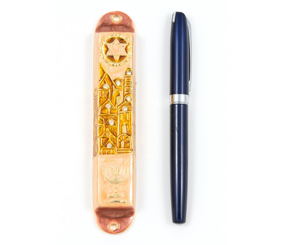 Rounded Mezuzah Case with Star of David, Jerusalem and Menorah - Gold Bronze