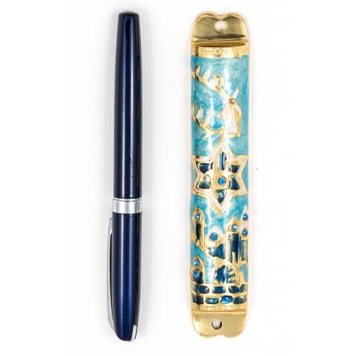 Rounded Mezuzah Case with Star of David and Jerusalem Design - Gold and Blue