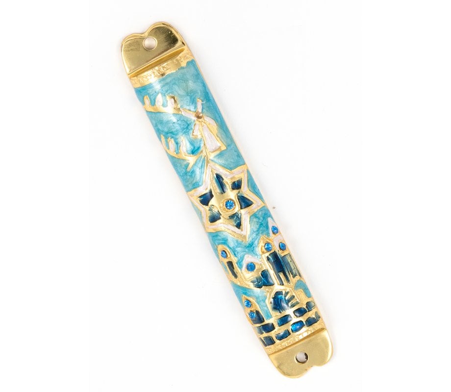 Rounded Mezuzah Case with Star of David and Jerusalem Design - Gold and Blue
