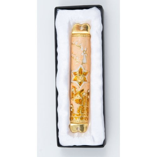 Rounded Mezuzah Case with Star of David and Jerusalem Images - Cream and Gold