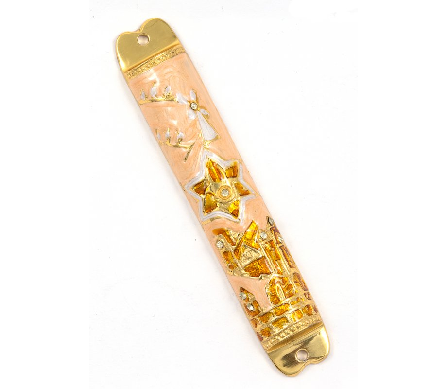 Rounded Mezuzah Case with Star of David and Jerusalem Images - Cream and Gold