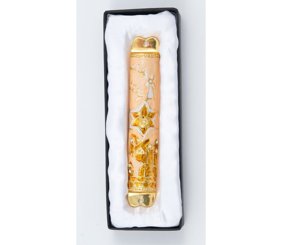 Rounded Mezuzah Case with Star of David and Jerusalem Images - Cream and Gold