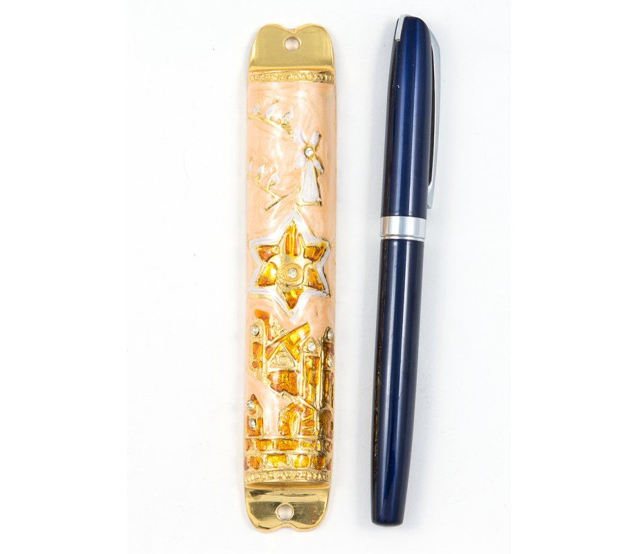 Rounded Mezuzah Case with Star of David and Jerusalem Images - Cream and Gold